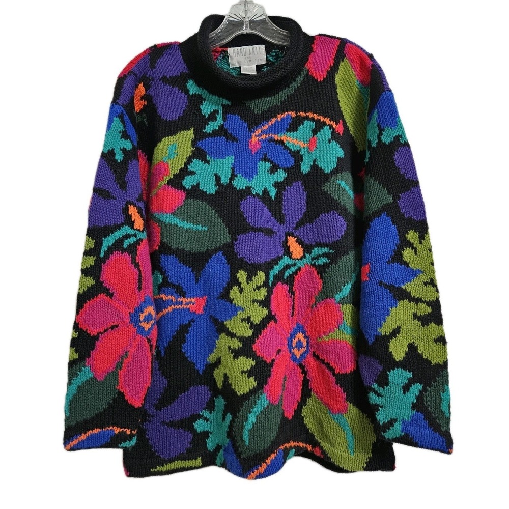 The Limited Sweater Womens P/S Black Floral Hand Knit Ramie Cotton Mock Neck 90s